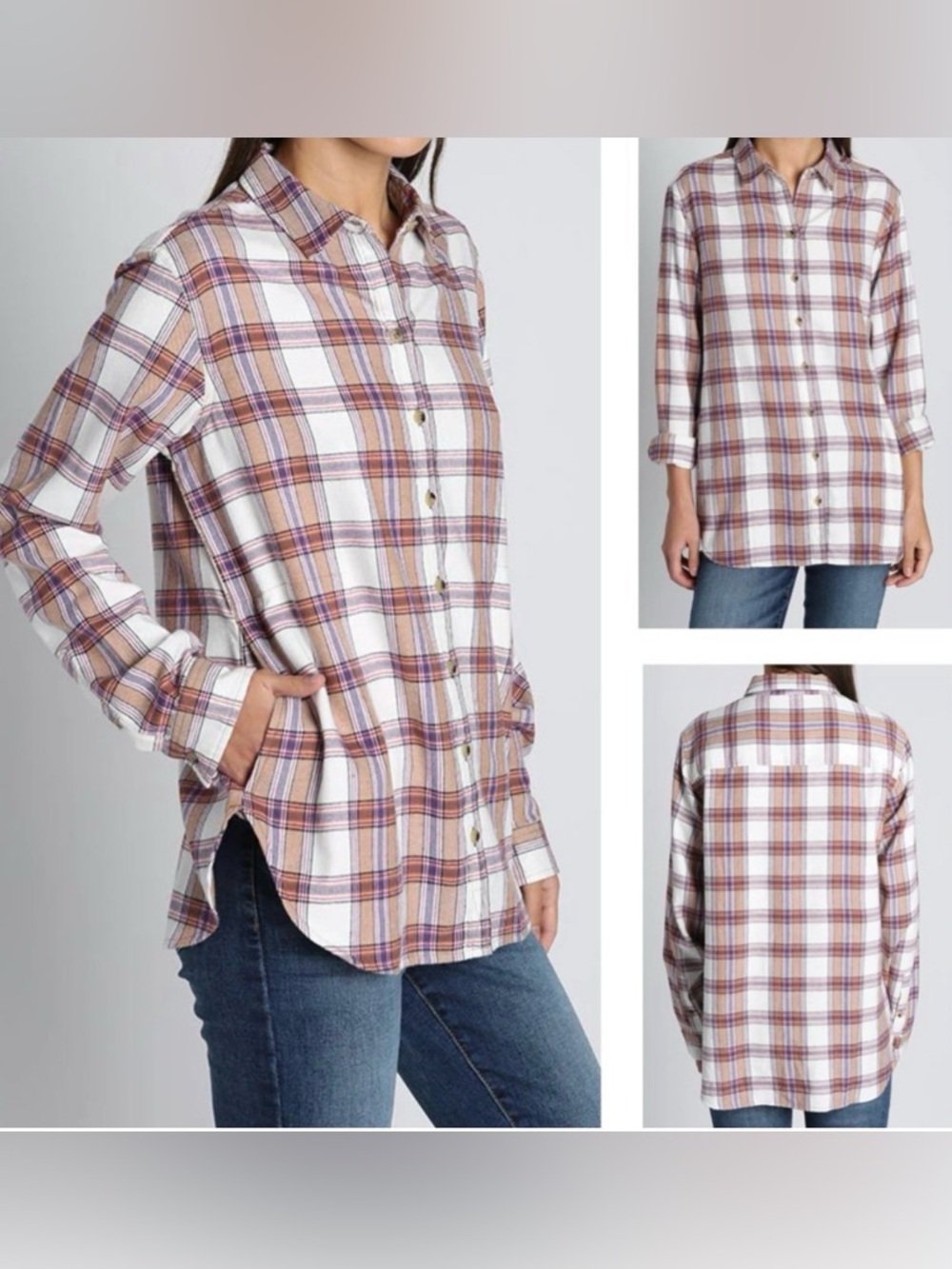 Jachs Girlfriend Womens Flannel Shirt Plaid Button Down Shirt Tan